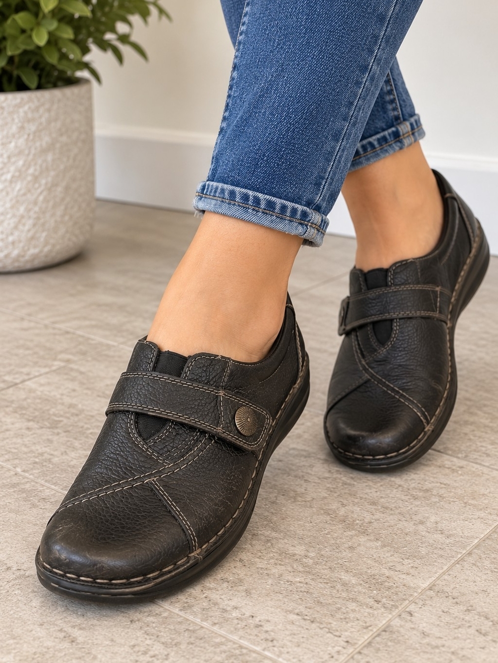 Earth Origins Black Leather-Look Slip-On Loafers with Adjustable Strap